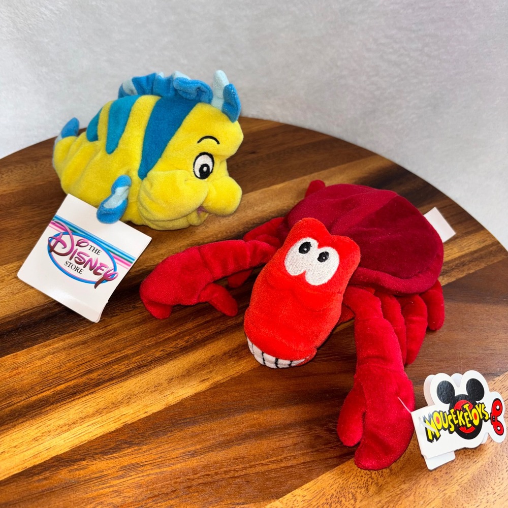 Disney Store The Little Mermaid Flounder Sebastian Bean Bag Plush Set Bundle